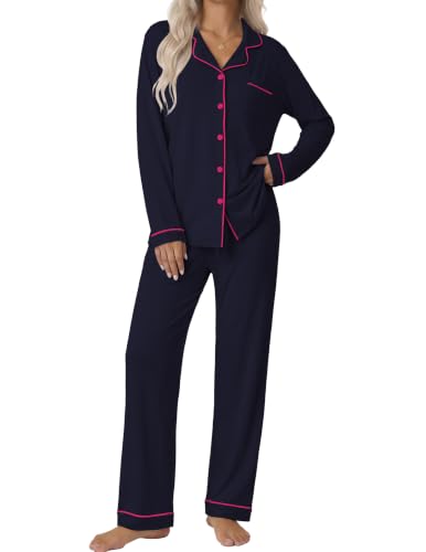 Ekouaer Pajamas Women's Long Sleeve Sleepwear Soft Button Down Loungewear Pjs Lounge Set Nightwear XS-XXL