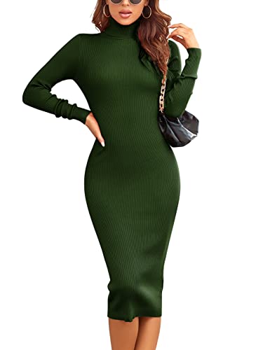 Rocorose Women's Turtleneck Ribbed Elbow Long Sleeve Knit Sweater Dress