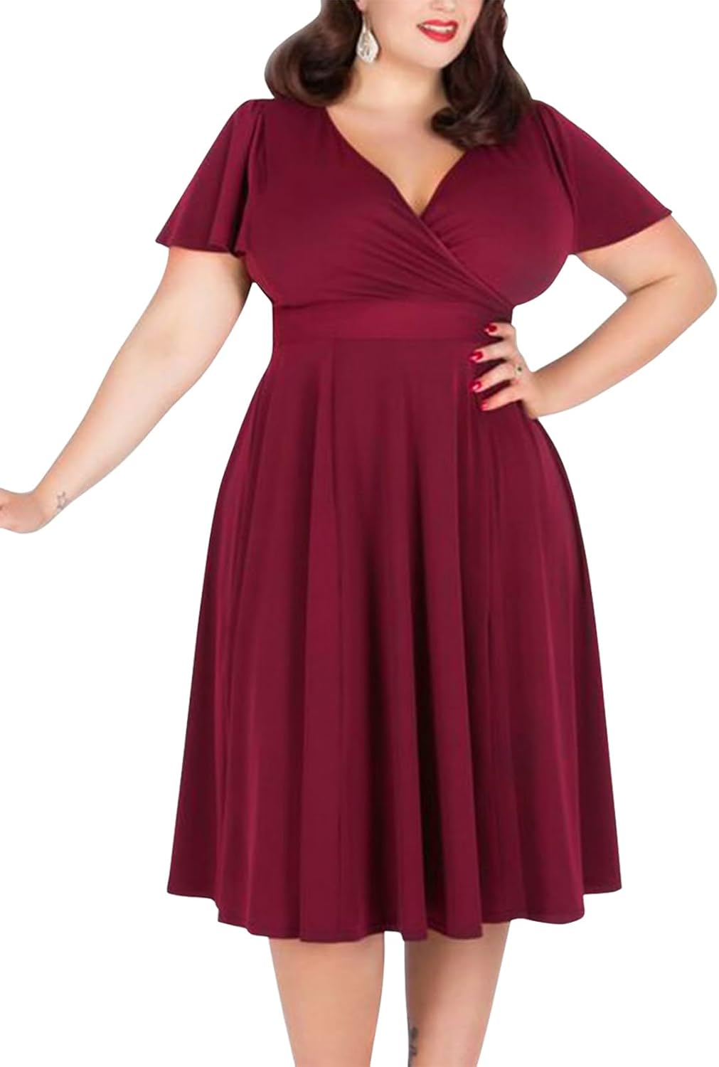 Nemidor Plus Size Dresses for Curvy Women Casual Summer V Neck Short Sleeve Midi Cocktail Vintage Dress with Pocket