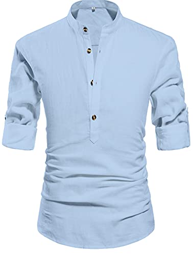NITAGUT Men Henley Neck Long Sleeve Daily Look Linen Shirts