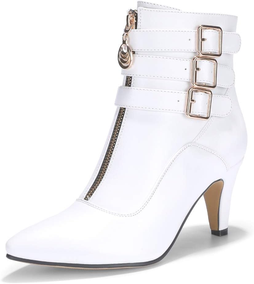 IDIFU Women's Pointed Toe Metal Buckle Two Strap Ankle Booties Side Zipper Kitten Heel Dress Classic Short Boots