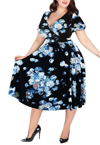 Nemidor Plus Size Dresses for Curvy Women Casual Summer V Neck Short Sleeve Midi Cocktail Vintage Dress with Pocket