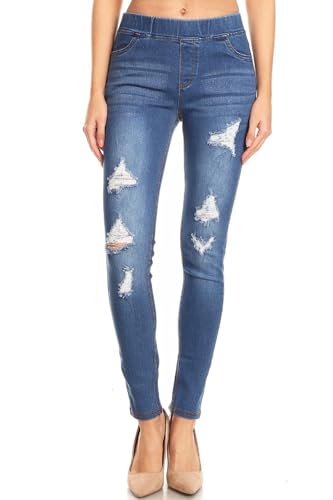 Women's Ripped Destroyed Skinny Jeans & Jeggings Pull-On Elastic Waist Stretch Denim Pants Regular-Plus Size