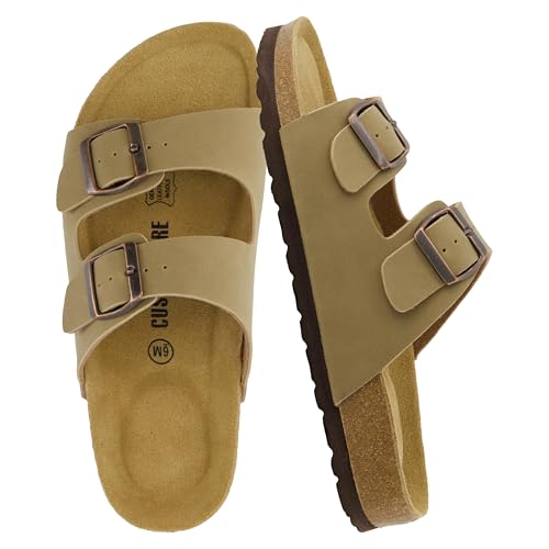 CUSHIONAIRE Lane Cork Footbed Sandals for Women  Comfortable Double Buckle Slip-On with Genuine Suede Footbed & Arch Support Slides for Women Footwear