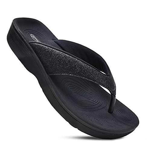 AEROTHOTIC Slip On Recovery Footwear Plantar Fasciitis Flip Flops for Women Yoga Mat Outdoor Walking Beach Ladies Arch Support Summer Thong Dressy Casual Sandals Comfortable Vacation Essentials