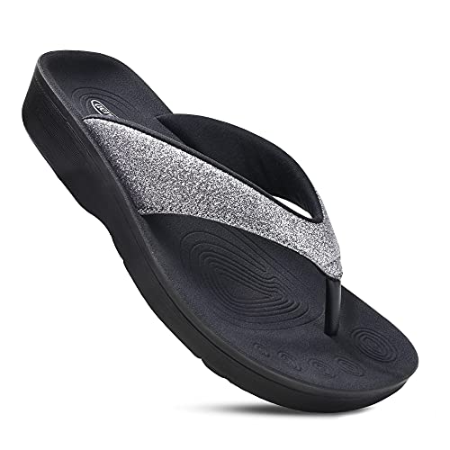 AEROTHOTIC Slip On Recovery Footwear Plantar Fasciitis Flip Flops for Women Yoga Mat Outdoor Walking Beach Ladies Arch Support Summer Thong Dressy Casual Sandals Comfortable Vacation Essentials