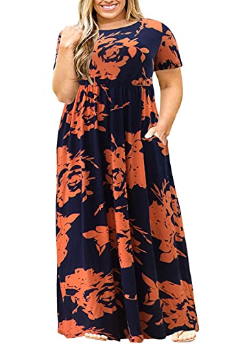 Nemidor Plus Size Maxi Dresses for Curvy Women Summer Casual Loose Short Sleeve Long Beach Dress with Pocket