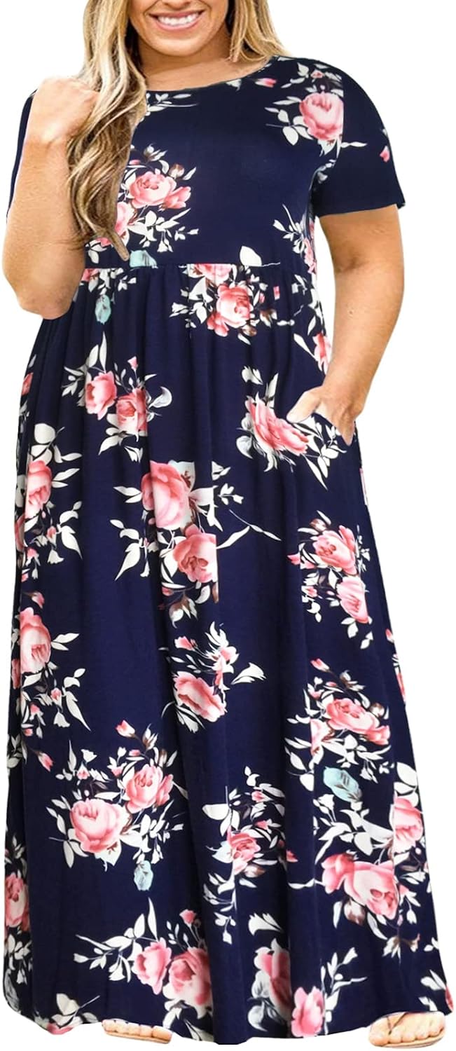 Nemidor Plus Size Maxi Dresses for Curvy Women Summer Casual Loose Short Sleeve Long Beach Dress with Pocket