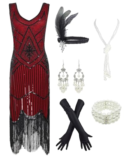 1920s Gatsby Sequin Fringed Paisley Flapper Dress with 20s Accessories Set
