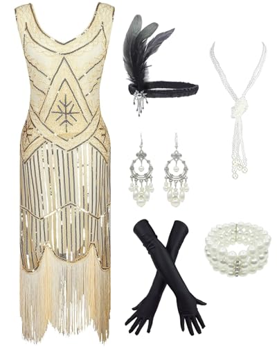 1920s Gatsby Sequin Fringed Paisley Flapper Dress with 20s Accessories Set