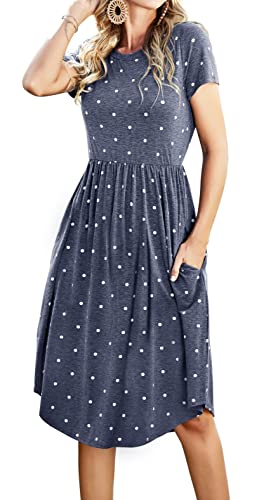 Simier Fariry Womens Summer Pocket Knee Length Teacher Casual Dress Knit Fit Flare Short Sleeve Midi Work Travel Outfits
