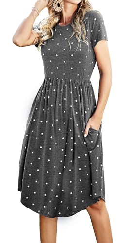Simier Fariry Womens Summer Pocket Knee Length Teacher Casual Dress Knit Fit Flare Short Sleeve Midi Work Travel Outfits
