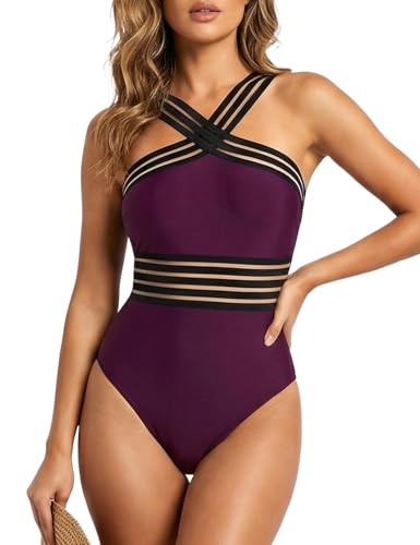 Hilor Women's One Piece Swimsuits Slimming High Waisted Bathing Suits Front Crossover Swimwear Monokinis