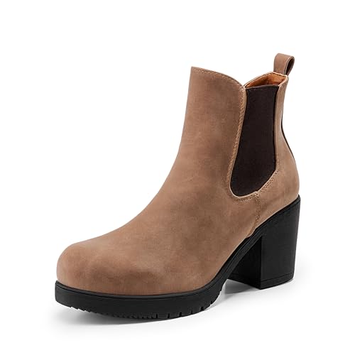 DREAM PAIRS Women's High Chunky Heel Chelsea Ankle Boots Slip On Elastic Fall Heeled Booties Shoes