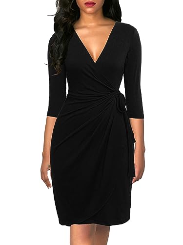 Berydress Women's Classic 3/4 Sleeve V Neck Sheath Casual Party Work Faux Black Wrap Dress