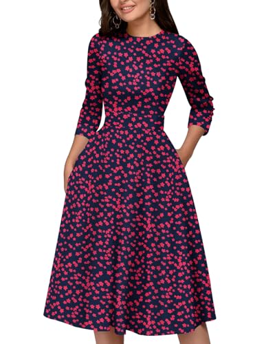 Simple Flavor Women's Floral Vintage Dress Elegant Midi Evening Dress 3/4 Sleeves