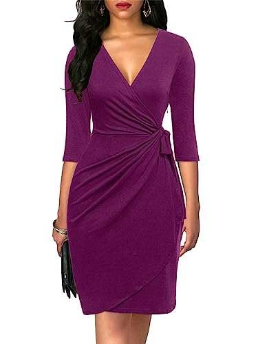 Berydress Women's Classic 3/4 Sleeve V Neck Sheath Casual Party Work Faux Black Wrap Dress