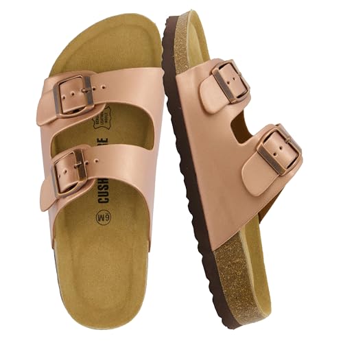 CUSHIONAIRE Lane Cork Footbed Sandals for Women  Comfortable Double Buckle Slip-On with Genuine Suede Footbed & Arch Support Slides for Women Footwear