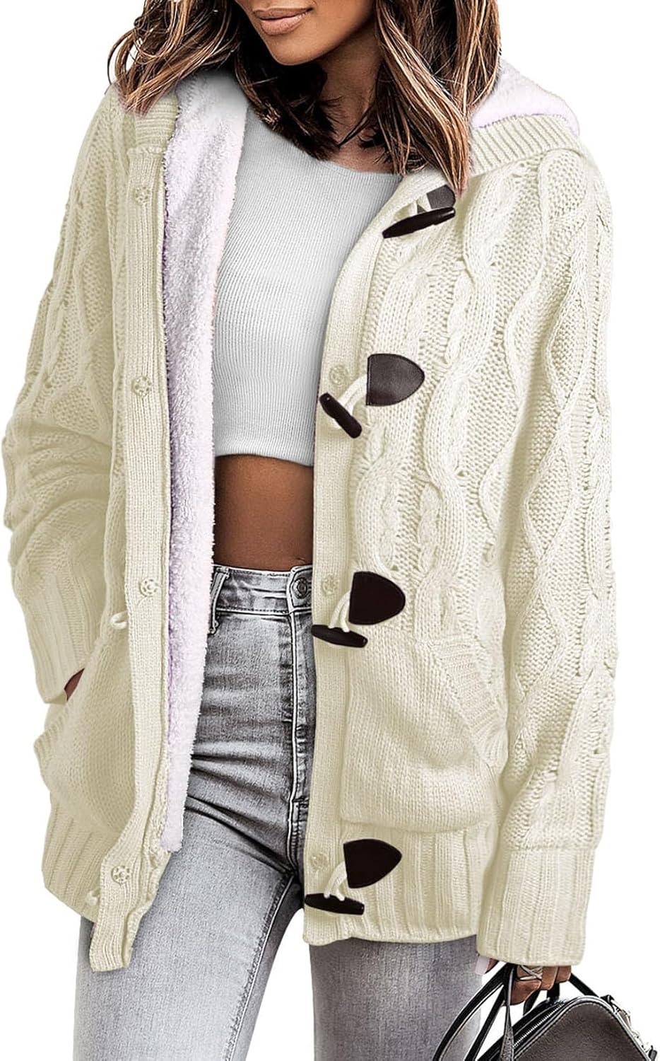 Sidefeel Women's Cardigan Sweaters Hooded Cardigans Fleece Lined Jackets Winter Sweater Coat