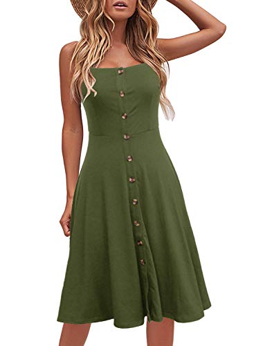 Berydress Women's Casual Beach Summer Dresses 2025 Solid Cotton Flattering A-Line Spaghetti Strap Button Down Midi Sundress