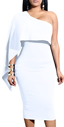 GOBLES Women's Summer Sexy One Shoulder Ruffle Bodycon Midi Cocktail Dress