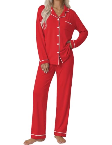 Ekouaer Pajamas Women's Long Sleeve Sleepwear Soft Button Down Loungewear Pjs Lounge Set Nightwear XS-XXL