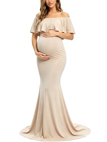 Glampunch Womens Off Shoulder Maternity Dress Ruffles Elegant Slim Gowns Fit Maxi Photography Dress