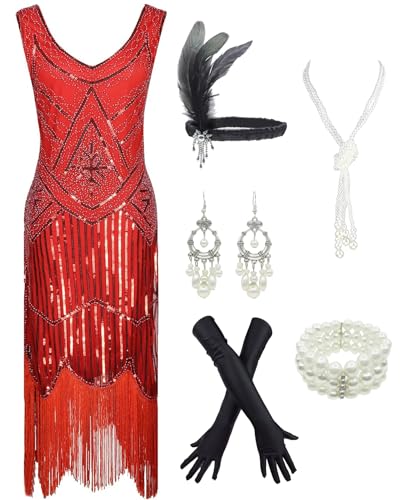 1920s Gatsby Sequin Fringed Paisley Flapper Dress with 20s Accessories Set