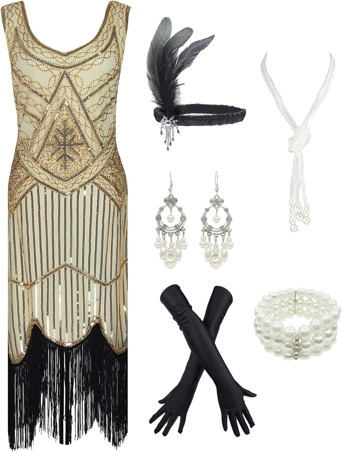 1920s Gatsby Sequin Fringed Paisley Flapper Dress with 20s Accessories Set