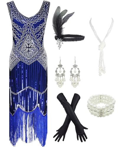 1920s Gatsby Sequin Fringed Paisley Flapper Dress with 20s Accessories Set