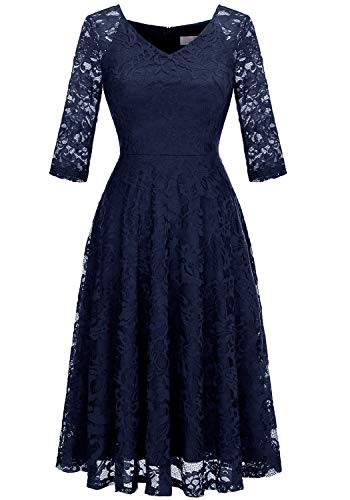 Dressystar Womens Long-Sleeve Wedding Guest Dress A-Line Lace Formal Party Cocktail Midi Dress Prom Gown
