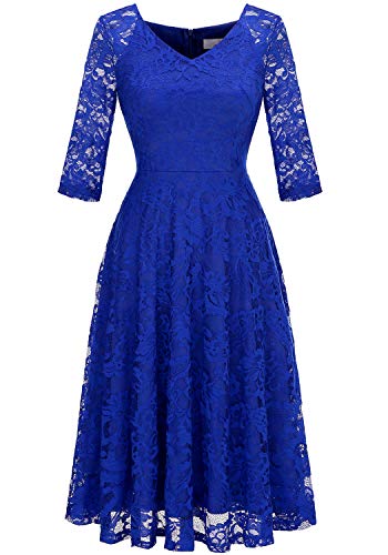 Dressystar Womens Long-Sleeve Wedding Guest Dress A-Line Lace Formal Party Cocktail Midi Dress Prom Gown