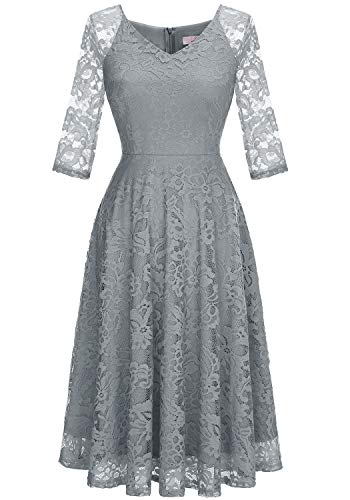 Dressystar Womens Long-Sleeve Wedding Guest Dress A-Line Lace Formal Party Cocktail Midi Dress Prom Gown