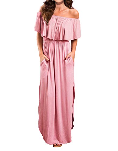VERABENDI Women's Off Shoulder Summer Casual Long Ruffle Beach Maxi Dress with Pockets