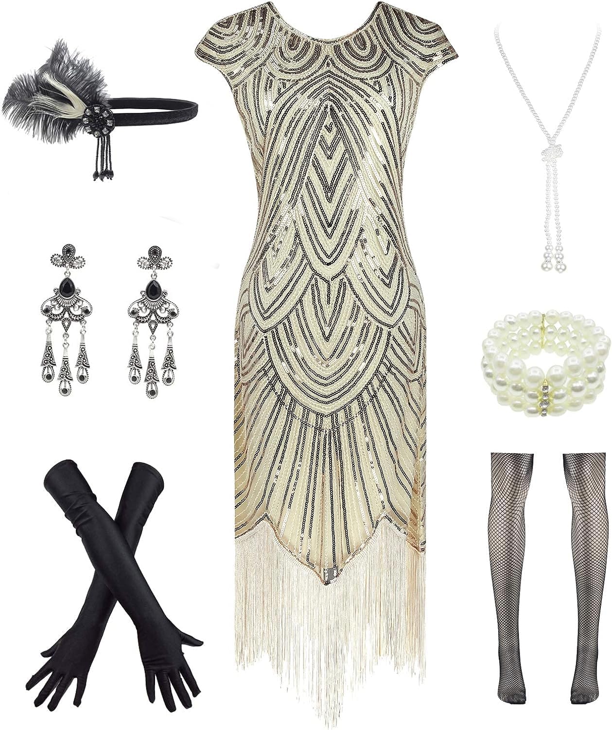 Letter Love Womens Vintage Lace Fringed Gatsby 1920s Cocktail Dress with 20s Accessories Set