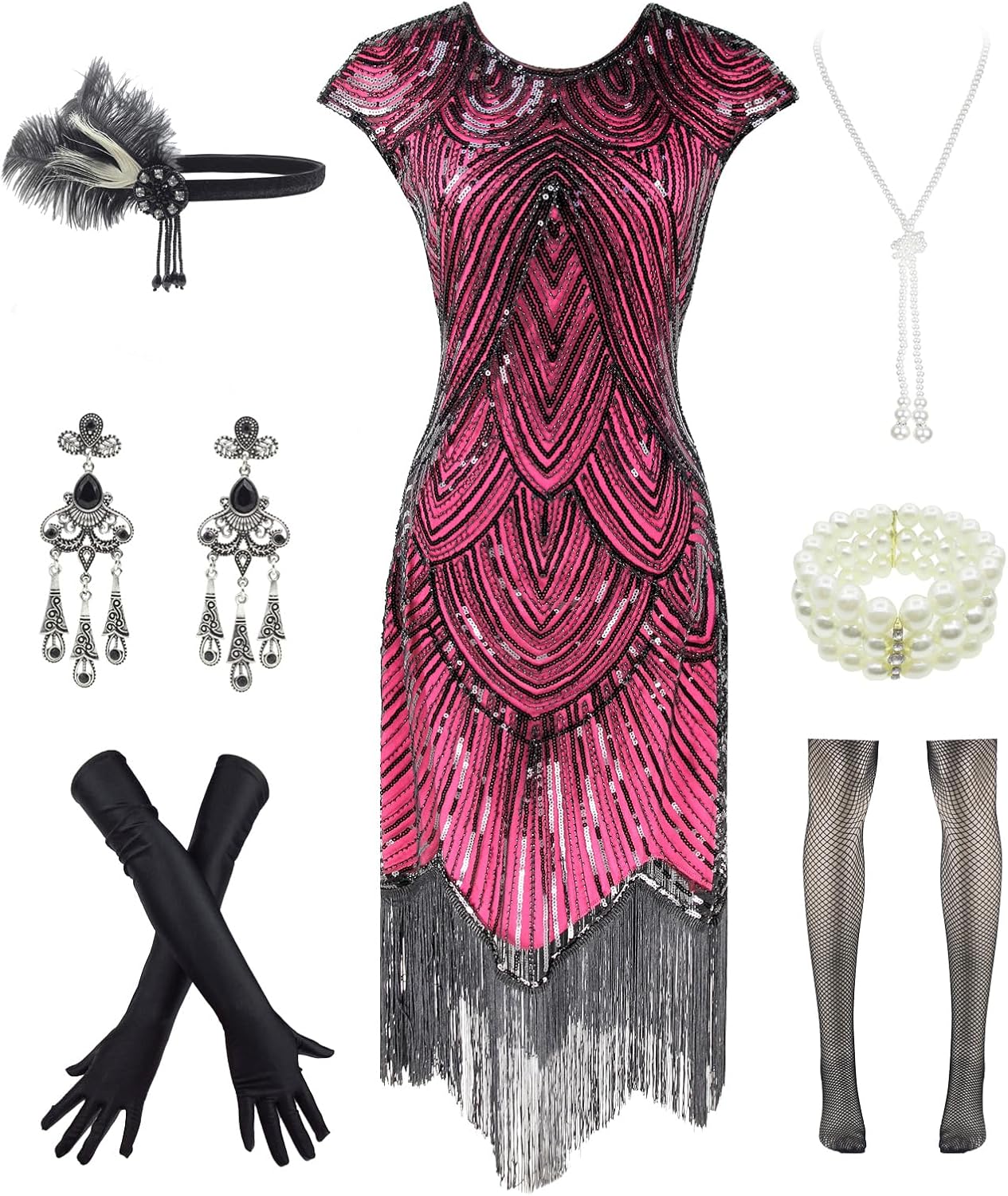 Letter Love Womens Vintage Lace Fringed Gatsby 1920s Cocktail Dress with 20s Accessories Set