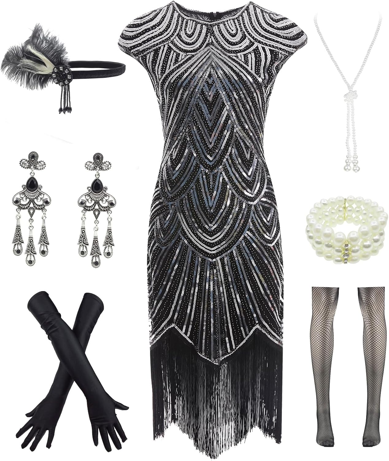 Letter Love Womens Vintage Lace Fringed Gatsby 1920s Cocktail Dress with 20s Accessories Set