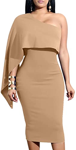 GOBLES Women's Summer Sexy One Shoulder Ruffle Bodycon Midi Cocktail Dress
