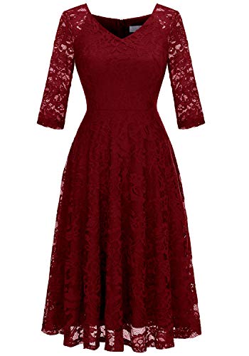 Dressystar Womens Long-Sleeve Wedding Guest Dress A-Line Lace Formal Party Cocktail Midi Dress Prom Gown