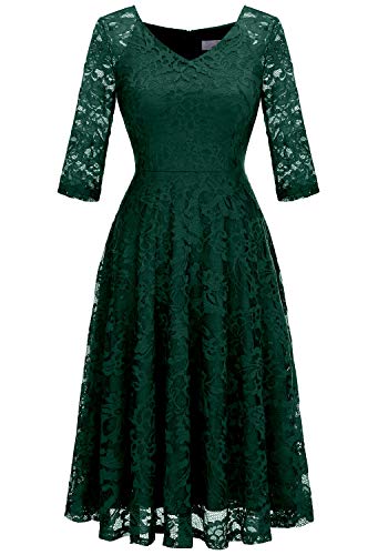 Dressystar Womens Long-Sleeve Wedding Guest Dress A-Line Lace Formal Party Cocktail Midi Dress Prom Gown