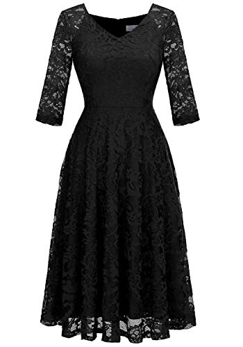 Dressystar Womens Long-Sleeve Wedding Guest Dress A-Line Lace Formal Party Cocktail Midi Dress Prom Gown