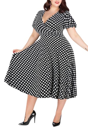 Nemidor Plus Size Dresses for Curvy Women Casual Summer V Neck Short Sleeve Midi Cocktail Vintage Dress with Pocket