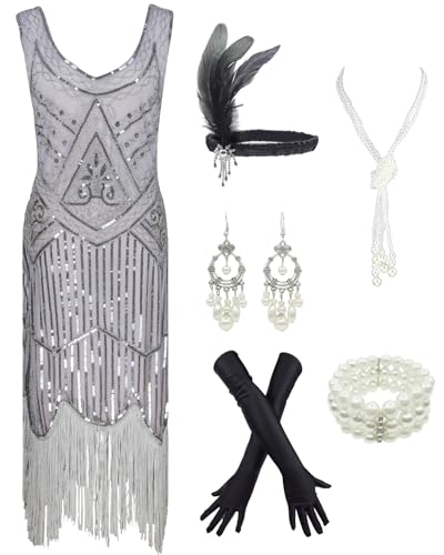 1920s Gatsby Sequin Fringed Paisley Flapper Dress with 20s Accessories Set