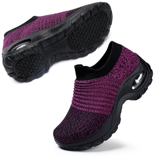 STQ Walking Shoes Women Slip on Sneakers Non Slip Work Air-Cushion Arch Support Tennis Plantar Fasciitis Orthopedic Breathable Mesh Comfortable Ladies Nursing