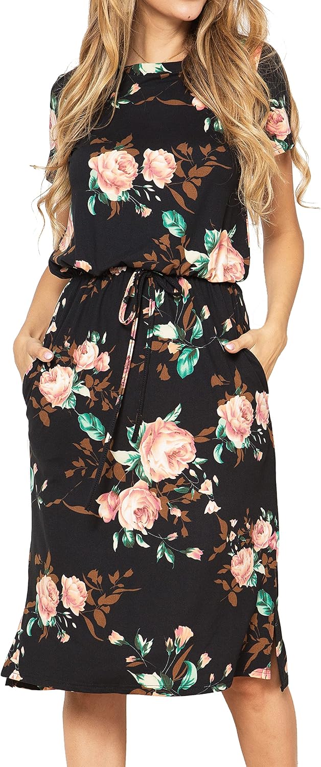 Simier Fariry Womens Summer Hide Belly Knee Length Travel Dress Pocket 2025 Short Sleeve Midi Work Casual Teacher Outfit