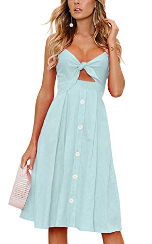 ECOWISH Women Dresses Summer Tie Front V-Neck Spaghetti Strap Button Down A-Line Backless Swing Midi Dress