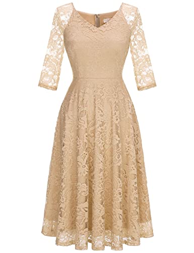 Dressystar Womens Long-Sleeve Wedding Guest Dress A-Line Lace Formal Party Cocktail Midi Dress Prom Gown