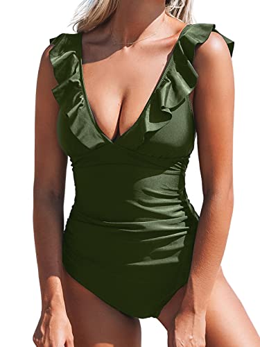 CUPSHE Women's Ruffled One Piece Swimsuit V Neck Lace Up