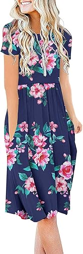 DB MOON Women Casual Short Sleeve Dresses Empire Waist Knee Length Dress with Pockets