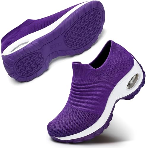 STQ Walking Shoes Women Slip on Sneakers Non Slip Work Arch Support Tennis Plantar Fasciitis Orthopedic Breathable Mesh Comfortable Ladies Nursing
